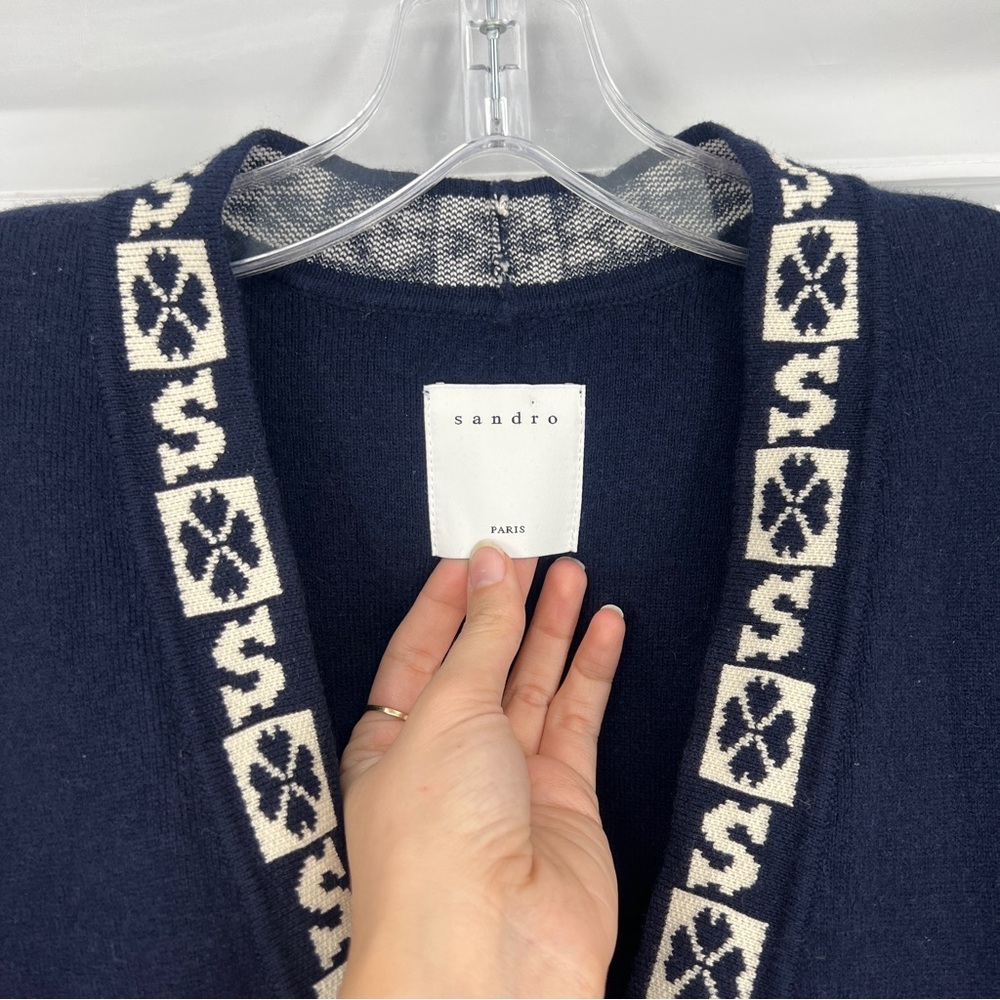 Sandro Logo Trim Designer Wool Blend Navy Blue Classic V Neck Cardigan Sweater 0 - Picture 5 of 10